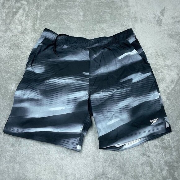 Speedo Mens Swim Trunks Black Grey L Elastic Waist Drawstring Zip pocket a0693 - Picture 1 of 5